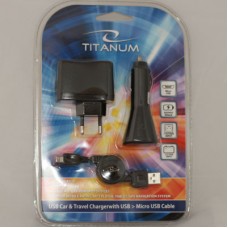 Зарядное устройство Titanum TZ106, Car & Traveler Charger (AC/DC/USB/MicroUSB,0.8 A, рулетка)