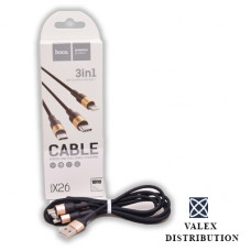 Кабель Hoco X26 3in 1 (Lightning, microUSB, Type-C) to USB 2.0 AF, 1m, (коробка) black-gold